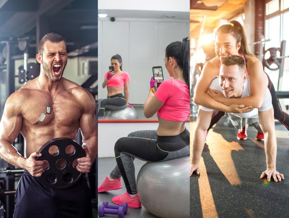 Guy grunting while lifting, woman taking gym selfie, and couple doing push-ups together.