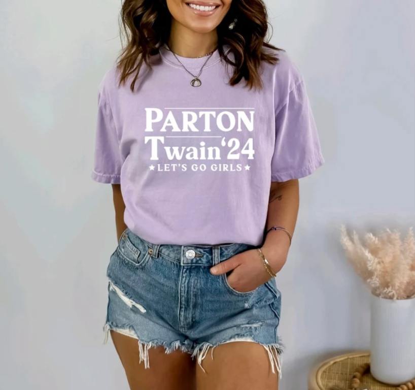 light purple dolly parton shania twain faux presidental campaign t-shirt