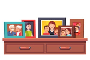 Collection of family generations relatives photos in picture frames on chest of drawers table. Flat style vector