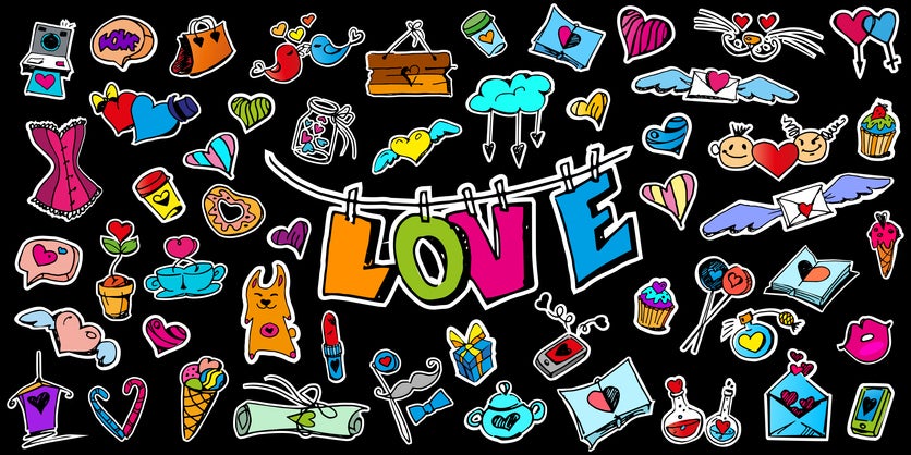 Happy Valentine's Day. Love drawings by hand in the form of stickers on an isolated black background.