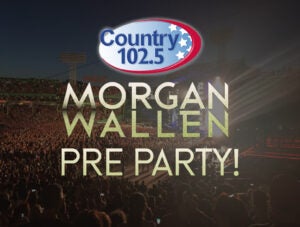 faded out concert scene at Fenway Park with Country 102-5 logo and text that reads Morgan Wallen Pre Party