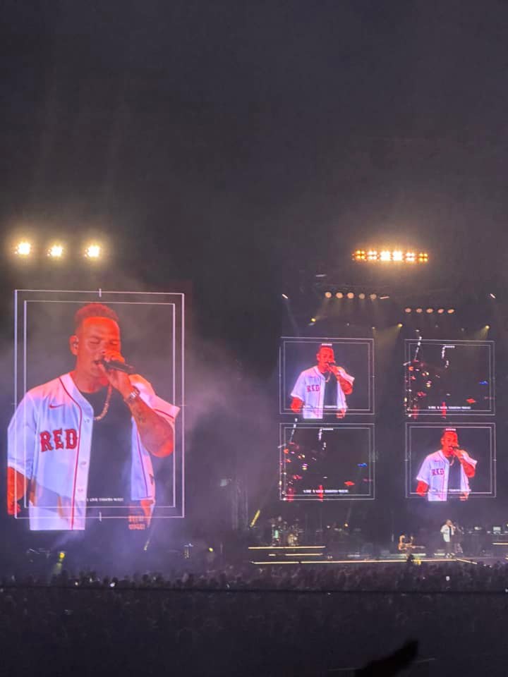 Kane Brown at Fenway Park wearing his Red Sox Jersey 