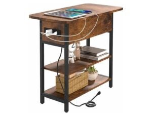 wooden side table with two shelves and outlets