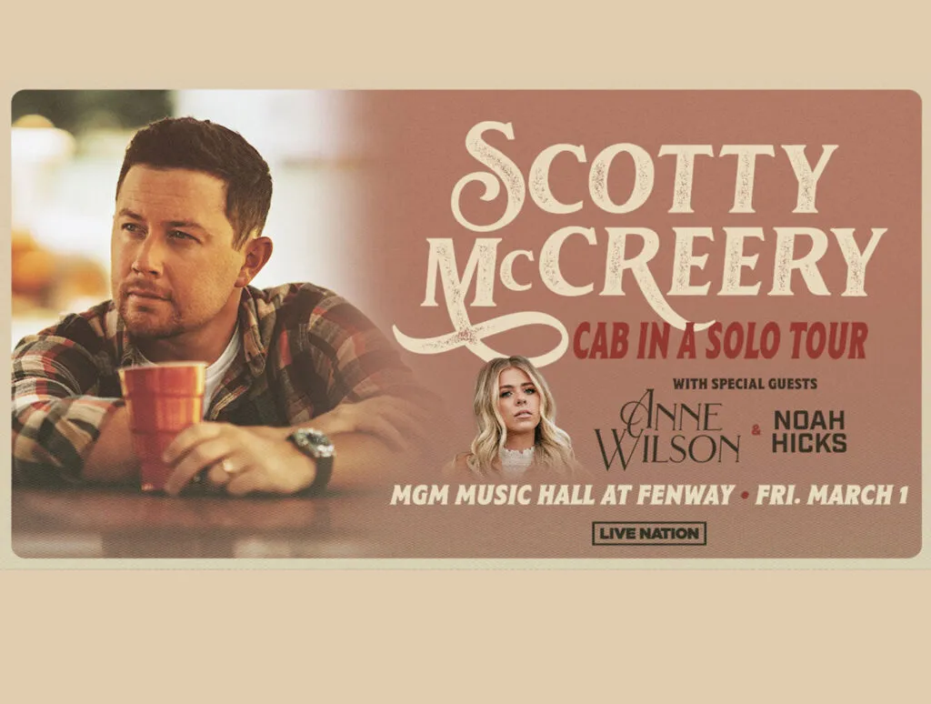 Tan background with white, red, and black lettering. Picture of Scott McCreery on left side.