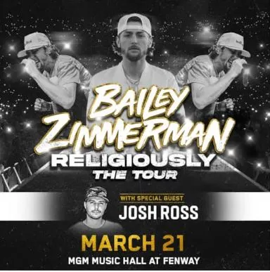 Bailey Zimmerman "Religously The Tour" artwork. Black and white image of him performing with yellow and white font.