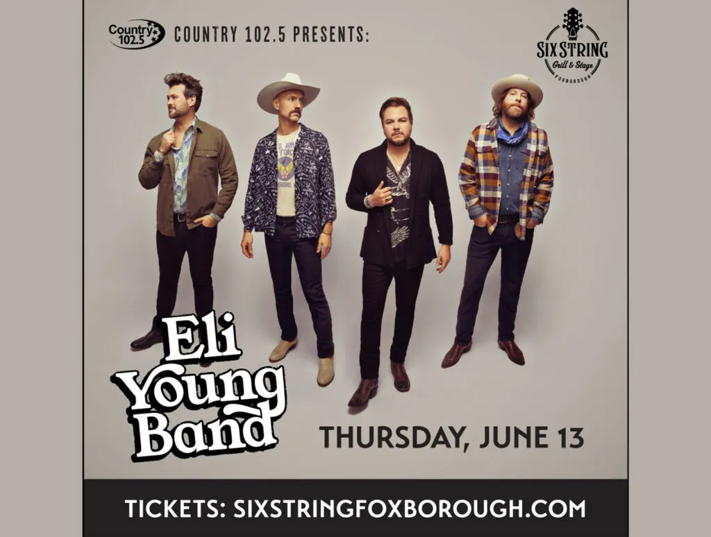 Eli Young Band Tour artwork- Country 102.5 Presents Eli Young Band at Six String Grill & Stage on Thursday, June 13th! The band standing with a tan background.