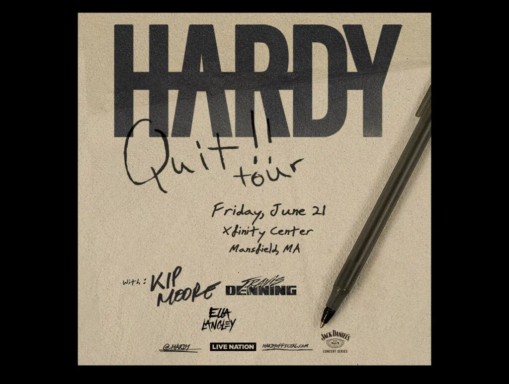 Tour art with Tan background with black lettering, and picture of black pen.