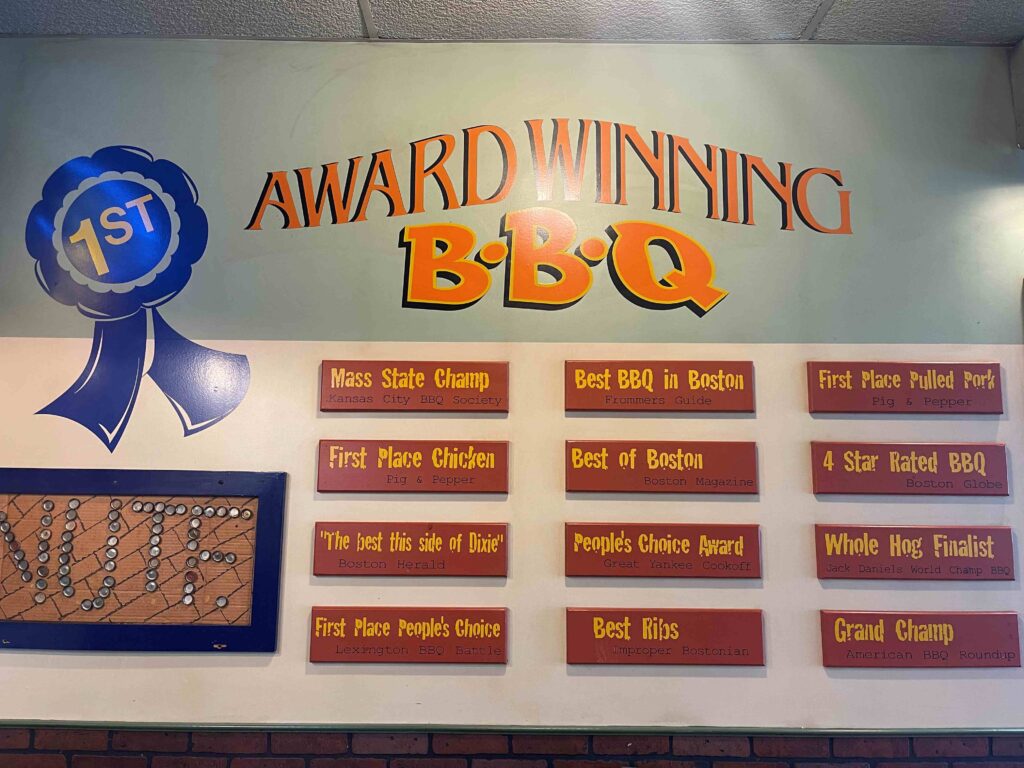 Sign that says "award winning BBQ" at Tennessee's BBQ 