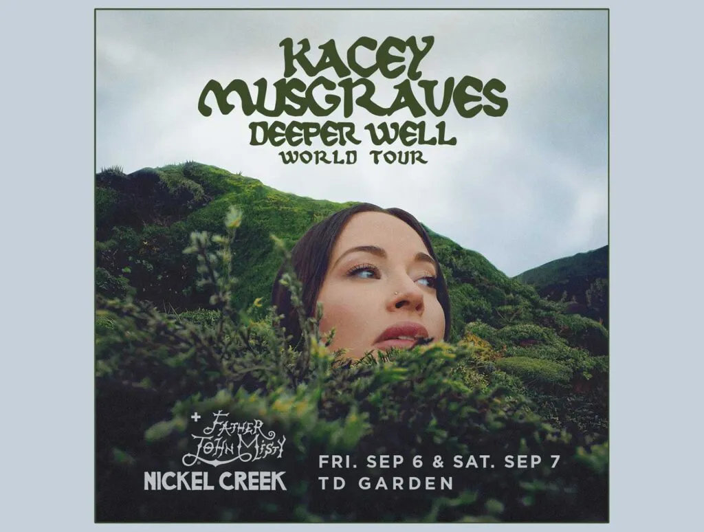 Kacey Musgraves Deeper Well 2024 Artwork. Kaceys face emerging from lush green mountains. The show is Spetmeber 6th & 7th 2024 at TD Garden in Boston, MA with Father John Misty and Nickel Creek.