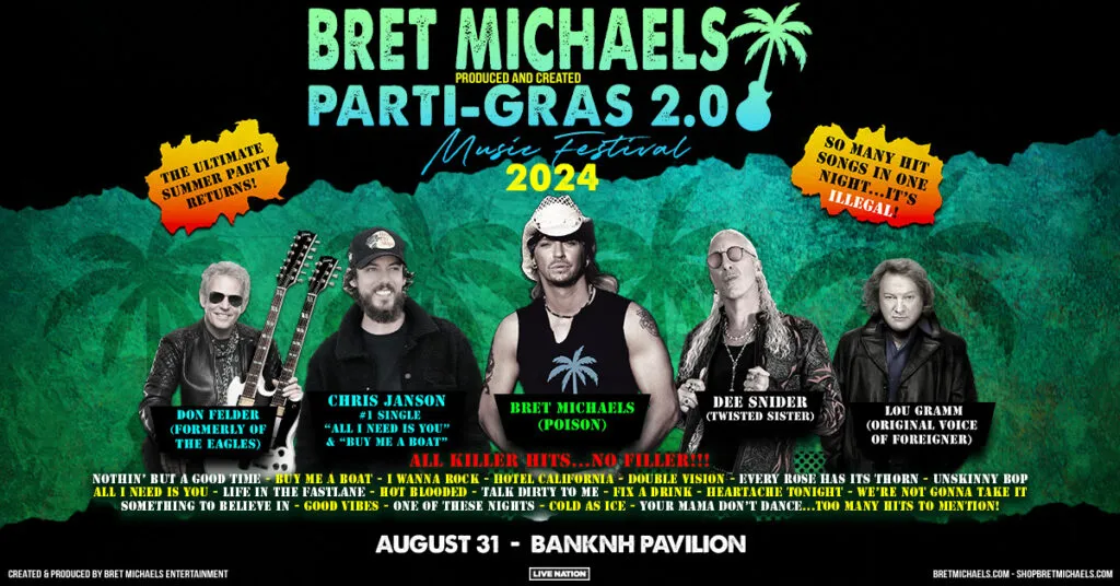 Bret Michaels Parti Gras 2024 Tour artwork for show at Bank of New Hampshire Pavilion on August 21st with Chris Janson, Don Felder, Dee Snider, Lou Gramm. green & black palm tree background with cutout of each artist.