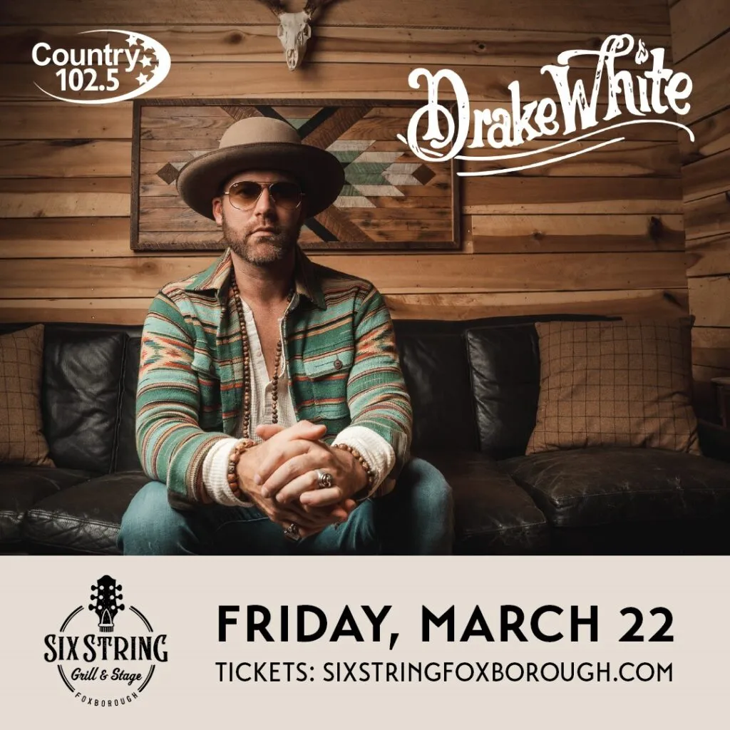 Drake White at Six String Grill & Stage on Friday March 22nd Tour artwork. Drake white sitting on the couch with wooden background and cowboy hat.