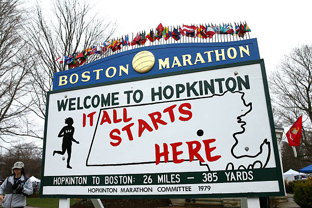 Boston Marathon sign reading Welcome to Hopkinton, It all starts here. The Boston Marathon route.