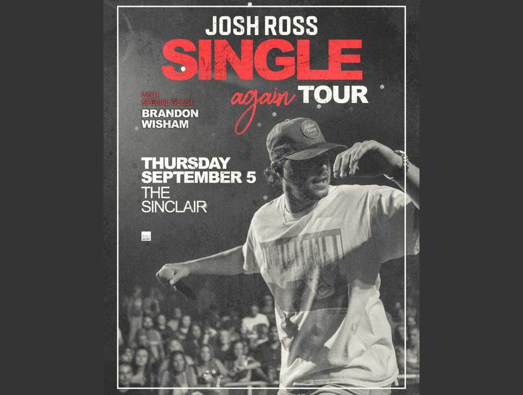 Josh Ross "Single Again" tour artwork. Photo of Josh on stage performing in black and white.